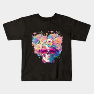 Dead Skull wearing Trendy Sunglasses with Flowers Kids T-Shirt